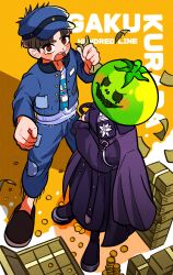 Rule 34 | 1boy, 1girl, blue hat, blue jacket, blue pants, blush stickers, brown hair, character name, coin, copyright name, crossed arms, falling money, full body, hat, highres, holding, holding money, jacket, jacket on shoulders, long skirt, maruko gaku, mask, money, oosuzuki kurara, pannomimi0301, pants, print shirt, purple jacket, purple skirt, red eyes, shadow, shirt, short hair, skirt, standing, the hundred line -last defense academy-, tomato, very short hair, white shirt