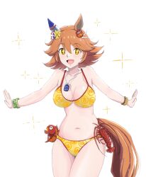 +_+ 1girl animal_ears bead_bracelet beads bikini bracelet clover_hair_ornament commentary_request cow cowboy_shot daruma_doll ear_covers flipped_hair four-leaf_clover_hair_ornament hair_ornament highres horse_ears horse_girl horse_tail jewelry looking_at_viewer matikanefukukitaru_(umamusume) navel open_mouth orange_hair osage_gankyou short_hair simple_background single_ear_cover smile solo sparkle stomach swimsuit tail umamusume white_background yellow_bikini yellow_eyes