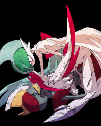 2others absurdres after_battle arm_blade armor battle battle_damage bisharp black_background blade_to_throat broken broken_armor broken_weapon cloak cracked_armor cracked_helmet cracked_skin defeat facing_another gallade gen_4_pokemon gen_5_pokemon green_hair green_helmet grey_helmet grin hand_on_own_arm helmet highres injury kneeling looking_at_another looking_down lying mega_gallade mega_pokemon mohawk multiple_others nintendo on_back outstretched_arm pointy_ears pokemon pokemon_(creature) red_hair red_helmet scar shattered shoulder_pads smile umi-be-to weapon white_cloak