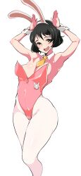 1girl armpits black_hair blush breasts girls_und_panzer green_eyes leotard looking_at_viewer open_mouth pantyhose playboy_bunny rabbit_ears solo tsutsumori utsugi_yuuki