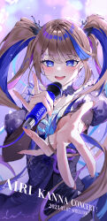 1girl :d absurdres airi_kanna blue_eyes blue_hair brown_hair commentary dated dress english_text fingernails hair_between_eyes highres holding holding_microphone horns long_hair long_sleeves looking_at_viewer microphone multicolored_hair open_mouth puffy_sleeves puring_0207 purple_hair smile solo stellive twintails virtual_youtuber