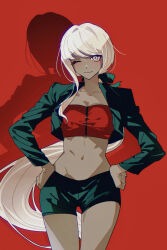 Rule 34 | 1girl, absurdres, black jacket, black ribbon, black shorts, blonde hair, collarbone, cowboy shot, crop top, cropped jacket, dark-skinned female, dark skin, hands on own hips, highres, jacket, kawana tsubasa, kurenaikiyumi, low ponytail, midriff, mole, mole under mouth, navel, official alternate costume, one eye closed, ponytail, red background, ribbon, shadow, shorts, smile, solo, the hundred line -last defense academy-, tower records, yellow eyes