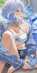1girl alternate_costume black_shorts blue_jacket blue_nails breast_press breasts controller criss-cross_halter crop_top furina_(genshin_impact) game_controller gamecube_controller genshin_impact grey_hair halterneck highres holding holding_controller holding_game_controller jacket kabu_usagi knee_up looking_ahead mademoiselle_crabaletta medium_breasts midriff nail_polish navel open_clothes open_jacket open_mouth plump shirt short_hair short_shorts shorts sideways_mouth sitting solo surintendante_chevalmarin toenail_polish toenails turning_head wavy_hair white_shirt