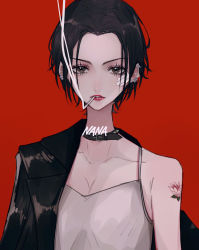 1girl bad_id bad_pixiv_id bandages belt_collar black_eyes black_hair character_name cigarette collar copyright_name ear_piercing highres jacket jacket_on_shoulders lipstick long_neck makeup mano_aaa mouth_hold nana_(series) osaki_nana piercing red_background short_hair smoking tattoo upper_body