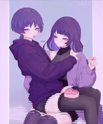 1boy 1girl alternate_costume androgynous ange510763 artist_name bags_under_eyes black_thighhighs blue_background blunt_ends border box cardigan casual clenched_hand closed_mouth colored_inner_hair contemporary covered_collarbone drawstring eyelashes food_in_mouth genshin_impact hair_intakes heart heart-shaped_box highres hood hood_down hoodie long_hair long_sleeves looking_at_another low-braided_long_hair low-tied_long_hair mother_and_son multicolored_hair pink_border purple_cardigan purple_eyes purple_hair purple_hood purple_hoodie purple_nails purple_sleeves purple_theme purple_thighhighs raiden_shogun ribbed_cardigan ribbed_sleeves ribbed_sweater scaramouche_(genshin_impact) shoulder_peek sitting sitting_on_lap sitting_on_person sleeveless sleeveless_sweater smile sweater thighhighs tsurime very_long_hair