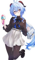 1girl :q absurdres ahoge alternate_costume bag bespectacled black_bow black_bowtie black_pantyhose black_shirt black_shoes blue_hair blush bow bowtie closed_mouth commentary_request food ganyu_(genshin_impact) genshin_impact glasses goat_horns hair_between_eyes handbag highres holding holding_bag holding_food holding_ice_cream holding_ice_cream_cone horns ice_cream ice_cream_cone leg_up long_hair long_sleeves looking_at_viewer mihasu pantyhose purple_eyes red-framed_eyewear semi-rimless_eyewear shirt shoes simple_background skirt solo tongue tongue_out very_long_hair white_background white_bag white_skirt