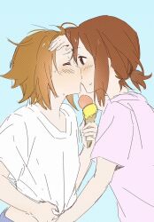2girls aqua_background belly blush brown_hair closed_eyes collared_shirt food french_kiss hands_on_another&#039;s_face hands_on_another&#039;s_waist hirasawa_yui holding holding_food holding_ice_cream ice_cream k-on! kiss looking_at_another multiple_girls pink_shirt shaofangziran shirt short_hair short_sleeves simple_background sketch sweat sweatdrop tail tainaka_ritsu white_shirt yuri