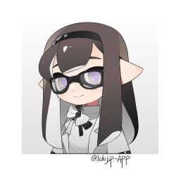 1girl artist_name black-framed_eyewear black_hairband bow brown_hair closed_mouth commentary glasses grey_eyes hairband highres ichijip_app inkling inkling_girl inkling_player_character jacket long_hair looking_at_viewer nintendo open_clothes open_jacket pointy_ears purple_pupils smile solo splatoon_(series) sweater symbol-only_commentary tentacle_hair turtleneck turtleneck_sweater white_bow white_jacket white_sweater