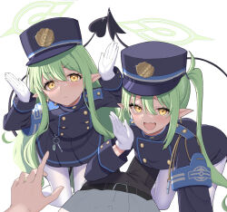 1boy 2girls :d armband black_shorts black_skirt black_tail blue_archive blue_armband buttons commentary_request demon_tail double-breasted earrings fang gloves green_hair green_halo halo hat hetero highres hikari_(blue_archive) jewelry long_hair long_sleeves looking_at_viewer multiple_girls nozomi_(blue_archive) open_mouth pantyhose peaked_cap pleated_skirt pointy_ears pov rabbit_pose shorts siblings sirokuro_toho sisters skin_fang skirt smile tail twins twintails white_gloves white_pantyhose yellow_eyes