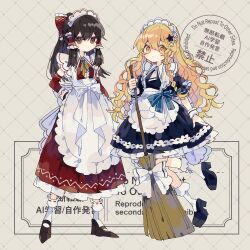 Rule 34 | 2girls, absurdres, alternate costume, apron, blonde hair, blue bow, blue dress, blue shoes, blush, bow, braid, broom, brown eyes, brown hair, brown shoes, closed mouth, collared dress, commentary, contrast collar, dress, enmaided, frilled apron, frilled bow, frilled dress, frilled hair tubes, frills, full body, hair bow, hair ornament, hair tubes, hakurei reimu, hand on own hip, highres, holding, holding broom, kirisame marisa, long hair, long sleeves, looking at viewer, maid, maid headdress, multiple girls, neck ribbon, necktie, nikorashi-ka, red bow, red dress, ribbon, shoes, short necktie, short sleeves, sidelocks, single braid, socks, standing, star (symbol), star hair ornament, touhou, watermark, wavy hair, white apron, white necktie, white socks, yellow ribbon