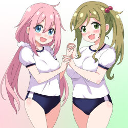 2girls blonde_hair blue_buruma blue_eyes blush breasts buruma bushy_eyebrows collarbone dot_nose fang feet_out_of_frame female_focus gym_uniform hair_between_eyes hair_bobbles hair_ornament highres holding holding_hands inuyama_aoi kagamihara_nadeshiko legs long_hair looking_at_viewer medium_breasts multiple_girls open_mouth pink_hair sakuzo shirt skin_fang small_breasts standing thick_eyebrows thick_thighs thighs very_long_hair yurucamp