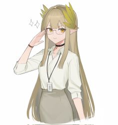 1girl arknights arm_up bajigurr black_choker blonde_hair choker closed_mouth collarbone collared_shirt corrupted_twitter_file cropped_legs elf glasses grey-framed_eyewear grey_skirt highres lanyard long_hair looking_at_viewer mole mole_under_eye muelsyse_(arknights) open_collar pointy_ears salute semi-rimless_eyewear shirt sidelocks skirt smile solo sparkle three-quarter_sleeves under-rim_eyewear white_shirt yellow_eyes