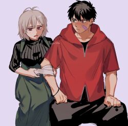 1boy 1girl :/ :o antenna_hair aohitsugi_nemu applying_bandages bandaged_arm bandages bandaid bandaid_on_face black_hair black_shirt black_sweater blush bracelet breasts clenched_hand cowboy_shot fingernails green_eyes green_skirt grey_background hair_behind_ear hair_between_eyes hand_on_own_thigh hetero heterochromia high-waist_skirt highres holding_bandages hooded_shirt hypnosis_mic injury invisible_chair jewelry large_breasts looking_at_another looking_down mole mole_under_eye no_jacket nose_blush pants pink_eyes raised_inner_eyebrows red_eyes ribbed_sweater shirt short_hair short_sleeves simple_background sitting skirt sweatdrop sweater twitter_username urata_(kogasitata) v-shaped_eyebrows very_short_hair white_hair worried yamada_ichiro