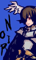 1boy armor blue_background breastplate brown_hair cape closed_mouth commentary_request expressionless grey_cape hair_over_one_eye looking_at_viewer male_focus paladin_(ragnarok_online) ragnarok_online red_eyes shomu_(arujanainon) short_hair simple_background solo upper_body