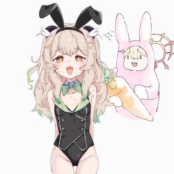2girls :d alternate_costume amatsuna_sasaha animal_costume animal_ears arms_behind_back black_leotard blush bow bowtie breasts bright_pupils brown_hair buranka buttons carrot commentary_request cowboy_shot fake_animal_ears flower green_bow green_bowtie halo hinata_mashu leotard long_hair looking_at_viewer multiple_girls nanashi_inc. open_mouth orange_eyes orange_halo panda_ears panda_girl rabbit_costume rabbit_ears simple_background small_breasts smile solo_focus virtual_youtuber white_background white_pupils