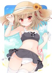1girl bare_shoulders bikini black_bikini black_bow blonde_hair blush bow breasts cellphone closed_mouth flower garter_straps hair_between_eyes hair_ribbon hanesaki_seika hat hat_flower highres holding holding_phone long_hair looking_at_viewer navel original phone red_eyes red_ribbon ribbon smile solo stomach straw_hat sun_hat swimsuit thighhighs white_bikini white_thighhighs