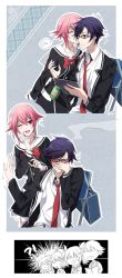 1boy 1girl black_hair black_legwear blue_eyes blue_hair blush bow bowtie chaos;child kissing_cheek glasses hand_on_own_face hetero highres holding holding_phone kiss miyashiro_takuru necktie onoe_serika open_mouth phone pink_hair red_eyes red_neckwear school_uniform shirt short_hair_with_long_locks sidelocks smile sprintertomoe standing steam white_shirt