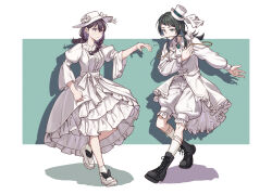 2girls bang_dream! bang_dream!_it&#039;s_mygo!!!!! black_boots black_hair blue_eyes blush boots braid closed_mouth commentary dress flower flower_in_mouth full_body garter_straps hair_between_eyes hat highres joker_(jjjokerrr233) kneehighs long_sleeves mole mole_under_eye mouth_hold multiple_girls shiina_taki shoes shorts socks tulip twin_braids white_dress white_flower white_hat white_shoes white_shorts white_socks white_tulip yahata_umiri
