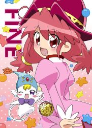 Rule 34 | 1girl, :d, ;d, ahoge, blonde hair, blush, blush stickers, bow, bowtie, chaimaou, character name, coat, commentary, creature, crest, dot nose, earrings, english text, fairy, fine (futagohime), from behind, fushigiboshi no futago hime, gem, gradient background, hair between eyes, hat, hat ornament, highres, jeweled hat, jewelry, long hair, long sleeves, looking at viewer, looking back, low twintails, medallion, one eye closed, open mouth, overcoat, pebble, phrygian cap, pink background, pink coat, pointy ears, polka dot, polka dot background, puffy long sleeves, puffy sleeves, pumo (futagohime), purple bow, purple bowtie, purple eyes, red eyes, red gemstone, red hair, smile, star (symbol), star earrings, sun hat ornament, tail, twintails, two-tone background, white background