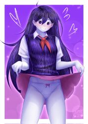 Rule 34 | 1girl, 2024, ascot, black hair, black vest, blush, bow, bow panties, cabronpr, clothes lift, cowboy shot, female focus, hair between eyes, heart, highres, lifting own clothes, long hair, looking at viewer, mari (omori), omori, panties, pink skirt, pleated skirt, red ascot, short sleeves, skirt, skirt lift, smile, solo, teeth, thighs, underwear, vest, white panties
