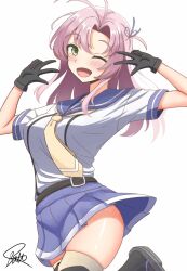 1girl antenna_hair batta_no_tsukudani black_gloves black_thighhighs blue_skirt breasts gloves green_eyes hair_tie highres kantai_collection kinugasa_(kancolle) kinugasa_kai_ni_(kancolle) long_hair looking_at_viewer medium_breasts miniskirt neckerchief necktie one_eye_closed one_side_up open_mouth pink_hair pleated_skirt purple_sailor_collar sailor_collar school_uniform serafuku short_sleeves skirt solo standing standing_on_one_leg thighhighs yellow_neckerchief yellow_necktie