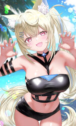 1girl absurdres animal_ear_fluff animal_ears bare_shoulders bikini black_bikini blonde_hair blue_nails blush breasts claw_pose crossed_bangs dog_ears dog_girl dog_tail fangs fuwawa_abyssgard fuwawa_abyssgard_(holonatsu_paradise) hair_between_eyes highres hololive holonatsu_paradise large_breasts long_hair looking_at_viewer navel open_mouth pink_eyes side_ponytail skin_fangs solo stomach swimsuit tail wakaunderblade7