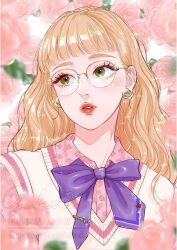 1girl blonde_hair bow bowtie cardigan earrings flower flower_earrings glasses green_eyes highres jewelry long_hair looking_to_the_side makeup open_mouth original pink_flower pink_rose purple_bow purple_bowtie red_lips rose signature solo tokyowannobora watermark wavy_hair