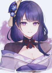 1girl bare_shoulders blue_pupils breasts cleavage fan_hair_ornament flower genshin_impact hair_flower hair_ornament highres japanese_clothes kimono long_hair looking_at_viewer mole mole_under_eye necktie off_shoulder parted_bangs pochimaru_(marumaru_wanwan) purple_eyes purple_hair purple_kimono raiden_shogun red_necktie red_ribbon ribbon shrug_(clothing) sidelocks smile solo