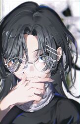 1girl absurdres black_nails black_shirt black_skin blurry blurry_background closed_mouth colored_skin commentary grey_eyes hair_ornament hair_over_eyes hairclip hand_on_own_chin hanozuku highres long_hair looking_at_viewer nail_polish neck_warmer original parted_bangs round_eyewear shirt solo upper_body white-framed_eyewear