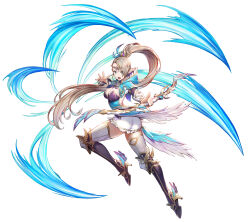 1girl absurdres armor armored_boots ass blonde_hair boots bow_(weapon) breasts capelet cleavage feather_trim full_body gold_trim green_eyes hair_ornament high_heels highres holding holding_bow_(weapon) holding_weapon hood hood_down king&#039;s_raid lagna long_hair looking_at_viewer medium_breasts official_art open_mouth pointy_ears ponytail selene_(king&#039;s_raid) simple_background skirt solo thighhighs thighs very_long_hair weapon white_background zettai_ryouiki