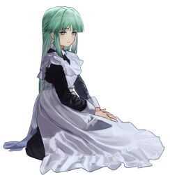 1girl apron blunt_bangs dress full_body green_eyes green_hair kneeling light_smile long_dress long_hair long_skirt looking_at_viewer maid_apron muv-luv sitting skirt sleeve_cuffs smile takasata_takina tsukuyomi_mana white_apron white_background