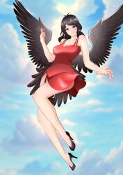 1girl bare_arms bare_legs bare_shoulders black_hair black_wings blue_eyes copyright_request creativem1ndd dress flying full_body high_heels highres long_hair looking_at_viewer outstretched_hand red_dress sky sleeveless sleeveless_dress smile solo wings