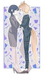 2girls aged_up black_jacket black_pants blue_hair brown_jacket brown_suit collared_shirt commentary_request dark_blue_hair ear_piercing eye_contact face-to-face female_trainer_(umamusume) formal_clothes full_body grabbing_another&#039;s_chin grey_background hand_on_another&#039;s_back hand_on_another&#039;s_chin high_heels jacket kiyo_(kiyo121198121) lapels looking_at_another motion_lines multiple_girls office_lady orange_hair orange_tail outline pants parted_lips pencil_skirt piercing plaid_clothes plaid_pants shirt short_hair skirt skirt_suit sleeves_rolled_up standing suit suit_jacket t.m._opera_o_(umamusume) tiptoes tomboy trainer_(umamusume) umamusume white_outline white_shirt yuri