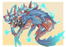 1girl absurdres animal_hands black_sclera blue_hair border breasts claws colored_sclera dragon_girl fewer_digits full_body highres horns lagiacrus long_hair looking_at_viewer monster_girl monster_hunter_(series) monster_hunter_wilds multicolored_hair old-night open_mouth outside_border personification red_eyes red_horns sharp_teeth slit_pupils solo tail taur teeth two-tone_hair white_border yellow_background