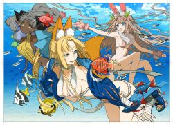 Rule 34 | 3girls, character request, denim, multiple girls, navel, rabbit ears, rabbit tail, tagme, tail, translation request, wada arco