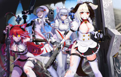 4girls absurdres animal_ears apron bell black_hair black_lilith black_lilith_(last_origin) blood blue_eyes blush breasts cat_ears cat_girl cat_tail cleavage collar crazy_eyes crazy_smile cuts dog_ears dog_girl dog_tail dress dual_wielding fangs fenrir_(last_origin) gun hachiko_of_castling hair_between_eyes heterochromia highres holding huge_weapon injury last_origin looking_at_viewer maid maid_headdress medium_breasts multicolored_hair multiple_girls neck_bell perrault_(last_origin) pleated_skirt pump_(iklee321) red_eyes red_hair scar scar_across_eye scar_on_face skirt smile sword tail tears thighhighs torn_clothes two-tone_hair waist_apron weapon white_hair white_legwear white_skirt wolf_ears wolf_girl wolf_tail yellow_eyes