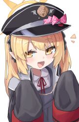 Rule 34 | 1girl, absurdres, black coat, black hat, black ribbon, blonde hair, blue archive, blush, bow, coat, collared shirt, hair ribbon, halo, hat, hat bow, hat ornament, heart, heart hat ornament, highres, ibuki (blue archive), long sleeves, looking at viewer, open clothes, open coat, open mouth, peaked cap, pointy ears, red ribbon, ribbon, rihitonn, shirt, simple background, sleeves past wrists, smile, solo, twintails, white shirt, yellow eyes, yellow halo