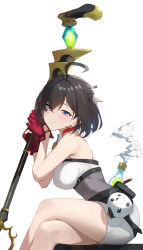 1girl absurdres ahoge armpits atelier_(series) atelier_yumia blush breasts closed_mouth commentary_request crossed_legs from_side gloves grey_corset highres holding holding_staff large_breasts looking_at_viewer mole mole_under_eye oil_lamp partially_fingerless_gloves purple_eyes red_gloves red_streaks short_hair simple_background sitting smile solo staff stuffed_animal stuffed_bird stuffed_toy sukaliya thighs white_background yumia_liessfeldt