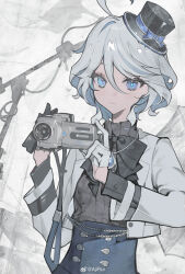 Rule 34 | 1girl, absurdres, ahoge, ajirui, alternate costume, asymmetrical gloves, black bow, black bowtie, black gloves, black hat, black shirt, blue eyes, blue hair, bow, bowtie, camera, chinese commentary, closed mouth, commentary request, drop-shaped pupils, furina (genshin impact), genshin impact, gloves, grey background, grey hair, hair between eyes, half gloves, hat, highres, holding, holding camera, jacket, long sleeves, looking at viewer, mismatched gloves, multicolored hair, open clothes, open jacket, shirt, short hair, solo, streaked hair, symbol-shaped pupils, video camera, watermark, weibo watermark, white gloves, white jacket