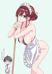 1boy 1girl ahoge apron bikini black_bikini black_hair black_necktie blush braid breasts brown_hair cane chibi chinatsu_(suzutsuki_kurara) covering_privates daichi_(suzutsuki_kurara) full-face_blush green_background green_eyes hair_between_eyes hair_ornament hairclip half_up_braid highres holding holding_cane holding_plate jitome large_breasts leaning_on_object light_frown lone_nape_hair looking_at_viewer maid maid_apron maid_bikini maid_headdress necktie no_panties original plate shirt short_hair sidelocks simple_background suzutsuki_kurara sweatdrop swimsuit translated unconventional_maid white_shirt