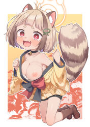 1girl animal_ear_fluff animal_ears arata_(blue_archive) arched_bangs bell bike_shorts black_choker black_shorts blue_archive blush boots breasts brown_boots brown_hair chest_sarashi choker cleavage clenched_hands fang female_focus full_body hair_ornament hairclip halo highres japanese_clothes jingle_bell kanabun kimono large_breasts leaf_print light_brown_hair long_sleeves looking_at_viewer multicolored_hair neck_bell nipples one_breast_out open_mouth oppai_loli orange_halo paid_reward_available print_kimono raccoon_ears raccoon_girl raccoon_tail red_eyes sarashi short_hair short_shorts shorts skin_fang solo streaked_hair tail tearing_up tears thick_eyebrows wavy_eyes wavy_mouth yellow_kimono