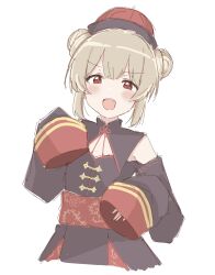 Rule 34 | 1girl, blush, brown hair, chinese clothes, cropped torso, double bun, fang, hair bun, hat, highres, jiangshi costume, looking at viewer, natori sana, natori sana (jiangshi), open mouth, qingdai guanmao, red eyes, sana channel, sanz zzz, simple background, sleeves past fingers, sleeves past wrists, solo, teeth, upper teeth only, virtual youtuber, white background