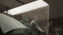 1girl armored_personnel_carrier armored_vehicle bad_id bad_pixiv_id boots chain completion_time cup dust furukawa_herzer garage green_eyes grey_hair hatch high_ponytail highres holding holding_tray hook indoors knee_up light_particles long_hair looking_at_another military military_vehicle motor_vehicle open_hatch original pants ponytail robot sitting skylight tarpaulin track_pants tray vehicle