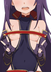 Rule 34 | 1girl, bare shoulders, clothes pull, covered navel, detached sleeves, double v, female focus, fingerless gloves, gloves, head out of frame, highres, leotard, leotard pull, long hair, morisobo, nipples, open mouth, pulling own clothes, purple gloves, purple hair, simple background, smile, solo, standing, sword art online, upper body, v, very long hair, white background, yuuki (sao)
