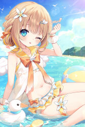 1girl ball bare_arms bare_legs bare_shoulders barefoot beachball bird blue_eyes blue_sky blush brown_hair cloud day duck flat_chest flower hair_flower hair_ornament hairclip highres looking_at_viewer navel ocean one_eye_closed open_mouth outdoors short_hair sky sleeveless solo stomach swimsuit thighs varium watamiya_ahiru water