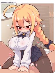 1boy 1girl ahoge black_bow black_bowtie black_eyes black_pantyhose black_skirt blazblue blonde_hair blush bow bowtie breasts closed_mouth commentary cum cum_in_pussy cum_overflow es_(xblaze) girl_on_top hair_bow hetero huge_breasts long_sleeves miniskirt paid_reward_available pantyhose pleated_skirt pongldr sex shirt skirt solo_focus torn_clothes torn_pantyhose twintails vaginal white_shirt xblaze xblaze_code:_embryo