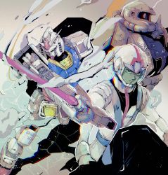 1boy amuro_ray energy_sword gundam helmet highres holding holding_sword holding_weapon kare_(0621utak) looking_ahead looking_down male_focus mecha mecha_pilot_suit mobile_suit mobile_suit_gundam mobile_suit_gundam:_cucuruz_doan&#039;s_island normal_suit_(gundam) one-eyed pilot_suit pink_eyes robot rx-78-2_gundam science_fiction smoke sword v-fin weapon yellow_eyes zaku_ii zeon