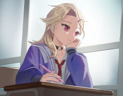 1girl blonde_hair chair choker classroom commentary desk earbuds earphones earrings ein_(nikke) forehead goddess_of_victory:_nikke hair_ornament hairclip hand_on_own_chin hand_up holding holding_pen hoop_earrings indoors jacket jewelry looking_to_the_side medium_hair nail_polish neckerchief nihine_(u-u115) open_collar pen pink_nails purple_jacket red_eyes red_neckerchief sailor_collar school_desk school_uniform shirt sitting solo upper_body white_shirt window