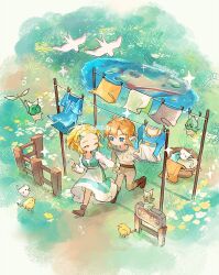 1boy 1girl ahoge artist_name bird blonde_hair blue_eyes boots braid brown_boots chibi chibi_only closed_eyes crown_braid dress fence from_above green_dress grey_pants grey_shirt hair_ornament hairclip hazeleafyy holding_hands korok laundry laundry_basket link long_sleeves nintendo outdoors pants parted_bangs pointy_ears princess_zelda shirt short_hair sidelocks the_legend_of_zelda the_legend_of_zelda:_breath_of_the_wild two-tone_dress white_dress