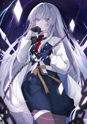 1girl absurdres arcaea black_gloves black_pantyhose black_skirt bow breasts buttons chain collared_shirt commentary_request crystal double-breasted earrings evil_grin evil_smile floating floating_object glint gloves glowing grin hair_between_eyes hand_up highres holding insight_(arcaea) jewelry long_sleeves looking_at_viewer mai_(ayamai2017) necktie night night_sky pantyhose parted_lips purple_eyes red_necktie shirt single_shoulder_pad skirt sky smile solo thigh_strap white_hair white_shirt yellow_bow